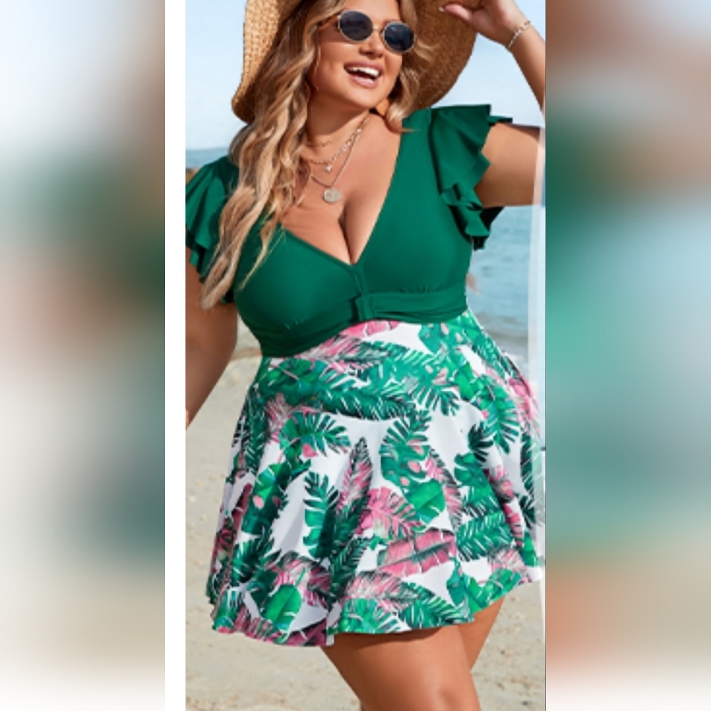#67- Green Ruffled Swimsuit with Tropical Print